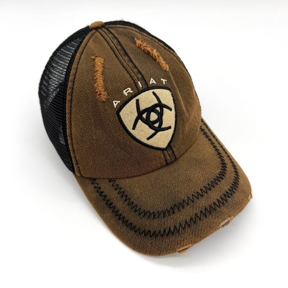 Ariat Distressed Trucker Hat Brown Black Mesh Western Rodeo Workwear Cap - Picture 3 of 8
